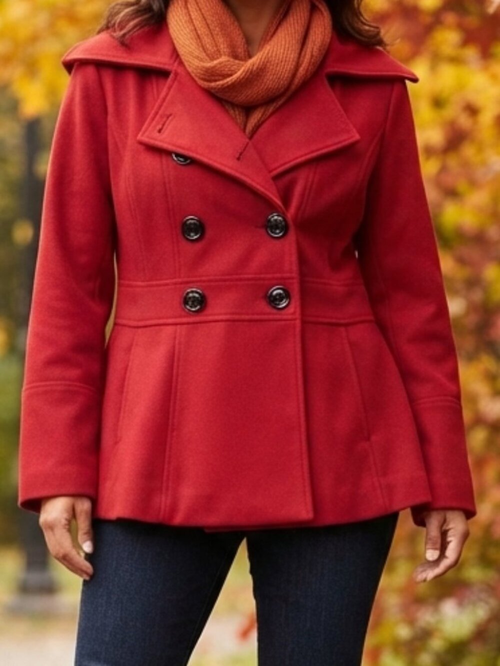 Giacca Size XL Red Wool Blend Double-Breasted Peacoat — Hooded, Fit & Flare